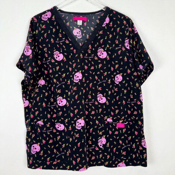 Betsey Johnson Scrub Top Women's Size 2X Rosebud Skull Hearts Black Pink - Picture 14 of 15